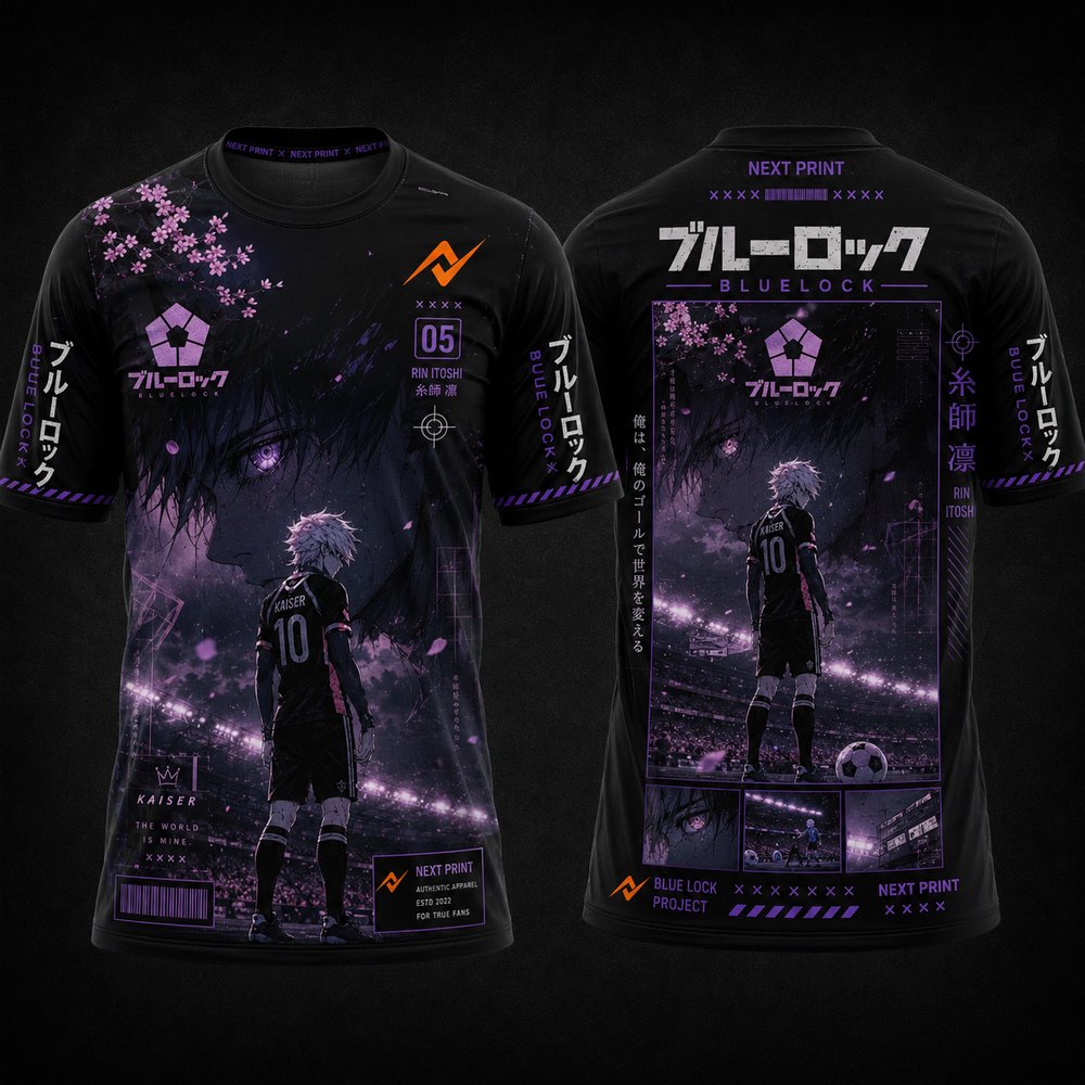 Blue Lock Kaiser anime round neck black and purple sublimation sports jersey front and back design by Next Print featuring Japanese typography and cyber streetwear artwork