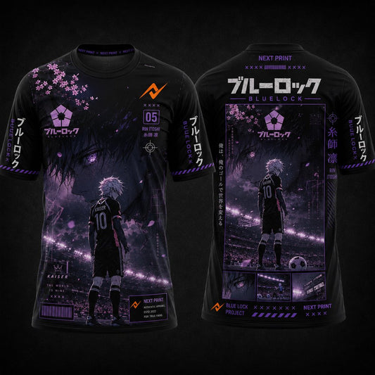 Blue Lock Kaiser anime round neck black and purple sublimation sports jersey front and back design by Next Print featuring Japanese typography and cyber streetwear artwork