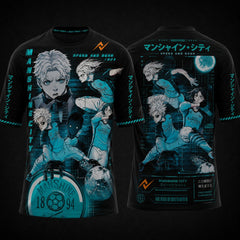 Blue Lock Manshine City anime round neck jersey with black and cyan design featuring premium sublimation print, front and back view by Next Print