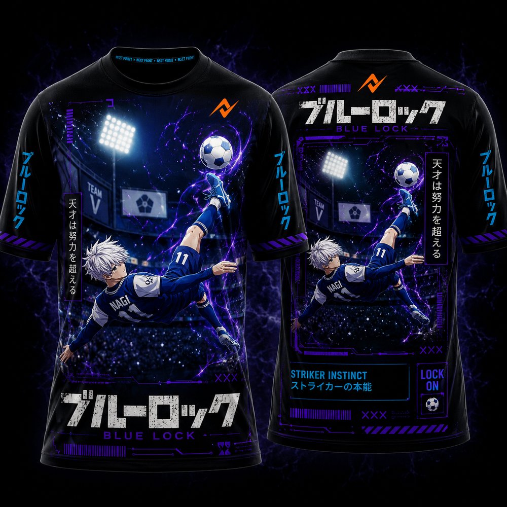 Blue Lock Nagi Seishiro black anime round neck sublimation sports jersey with cyber streetwear graphics front and back by Next Print
