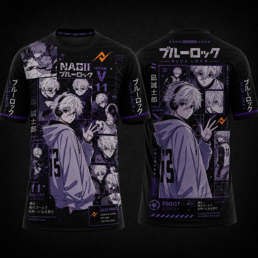 Blue Lock Nagi Seishiro premium round neck anime jersey with purple manga artwork front and back by Next Print