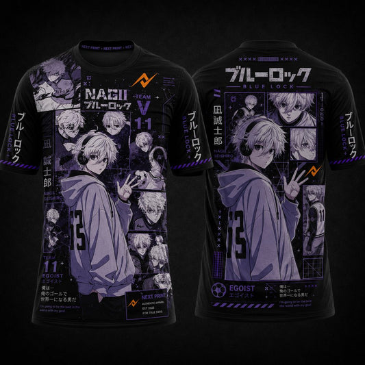 Blue Lock Nagi Seishiro premium round neck anime jersey with purple manga artwork front and back by Next Print
