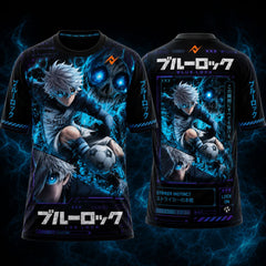 Blue Lock Nagi Seishiro Shadow Aura anime round neck sports jersey featuring electric blue cyber graphics, Japanese typography, front and back mockup, premium sublimation print, and orange Next Print logo