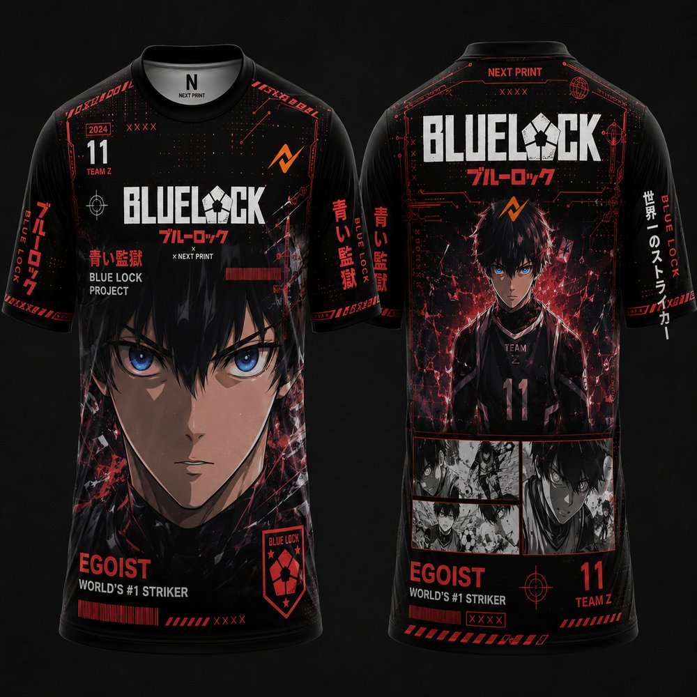 Front and back view of a Blue Lock-inspired black and red anime jersey featuring Isagi Yoichi artwork, cyber graphics, Team Z styling, and premium sublimation print