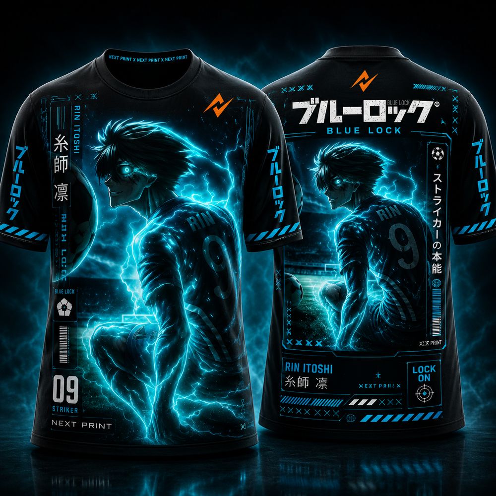 Blue Lock Rin Itoshi Lightning Aura anime football jersey black round neck premium sublimation sports t-shirt front and back by Next Print