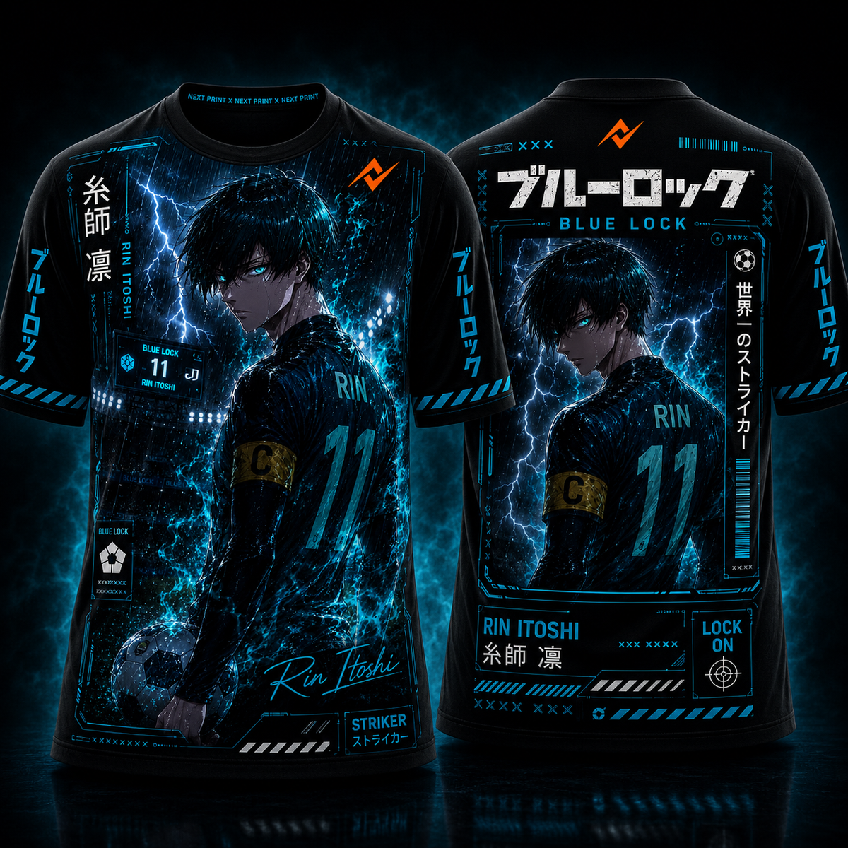 Blue Lock Rin Itoshi Lightning Aura anime football jersey black round neck premium sublimation sports t-shirt front and back by Next Print