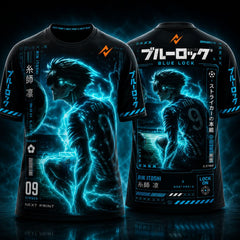 Blue Lock Rin Itoshi Lightning Aura anime football jersey black round neck premium sublimation sports t-shirt front and back by Next Print