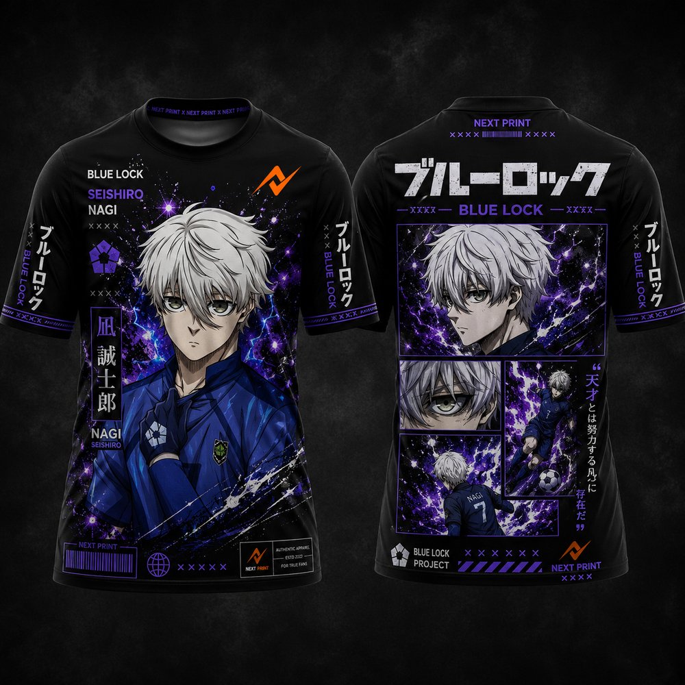 Blue Lock Seishiro Nagi black purple anime football jersey front and back premium round neck sublimation sports jersey by Next Print