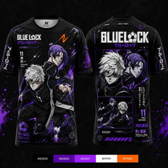 Blue Lock Seishiro Nagi purple anime football jersey with black and violet design featuring premium front and back character artwork on a round neck sports T-shirt