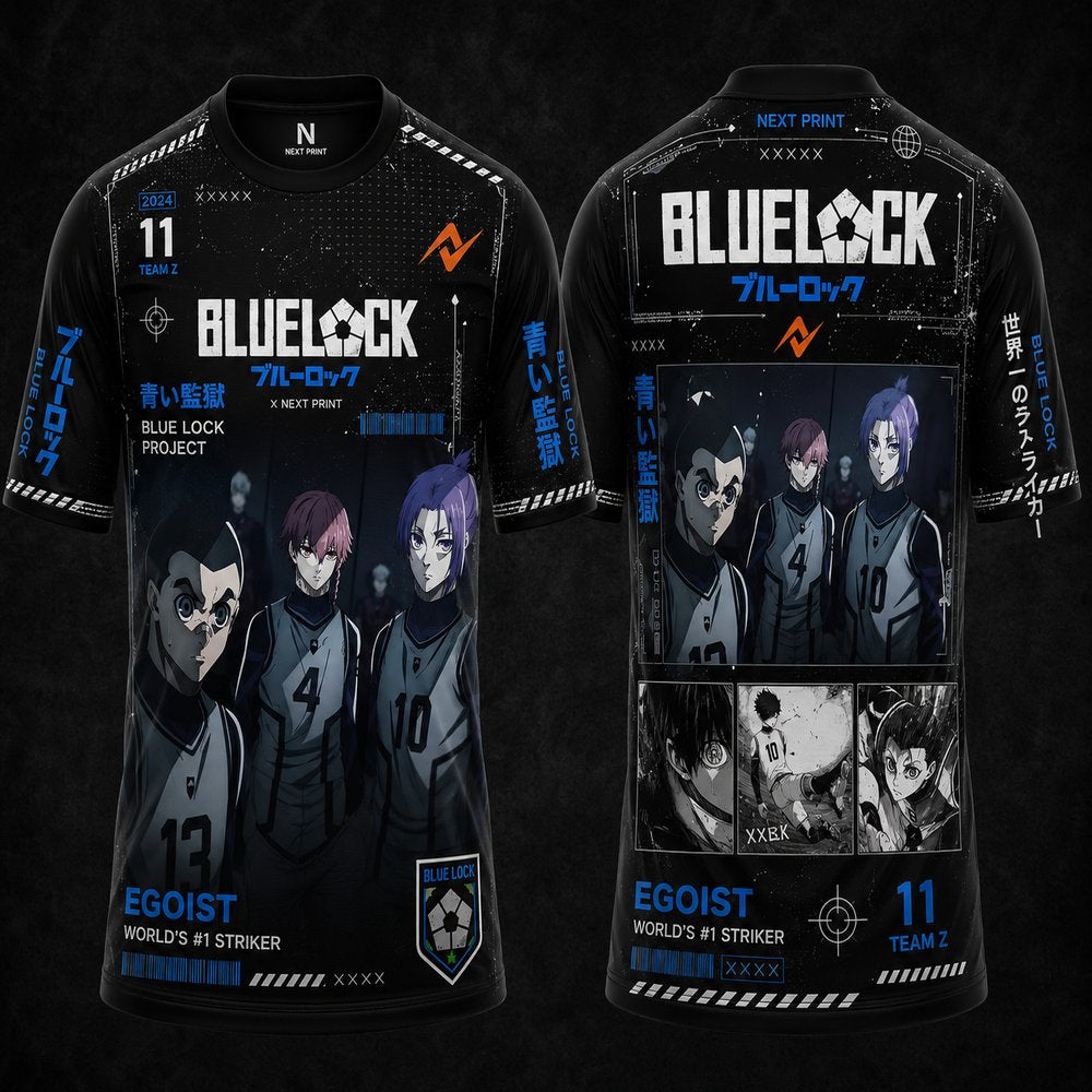 Front and back view of Blue Lock Team Z inspired black and blue anime round neck jersey featuring premium sublimation graphics, Japanese typography, and futuristic sports design