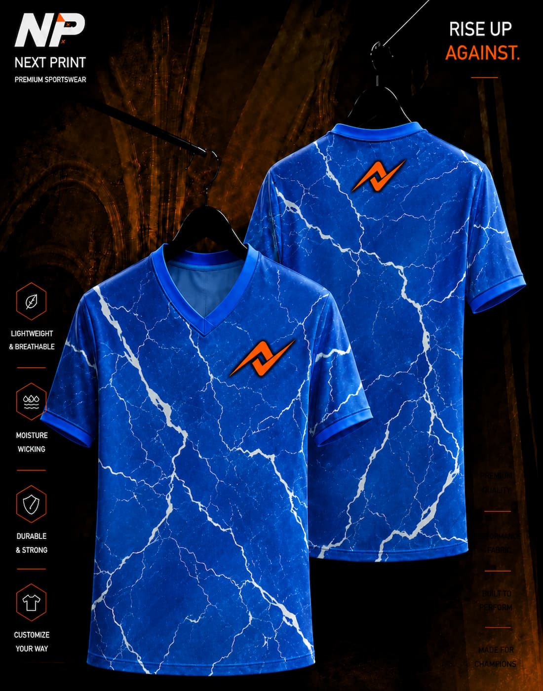 Blue marble crack sublimation V-neck sports jersey with white abstract pattern by Next Print