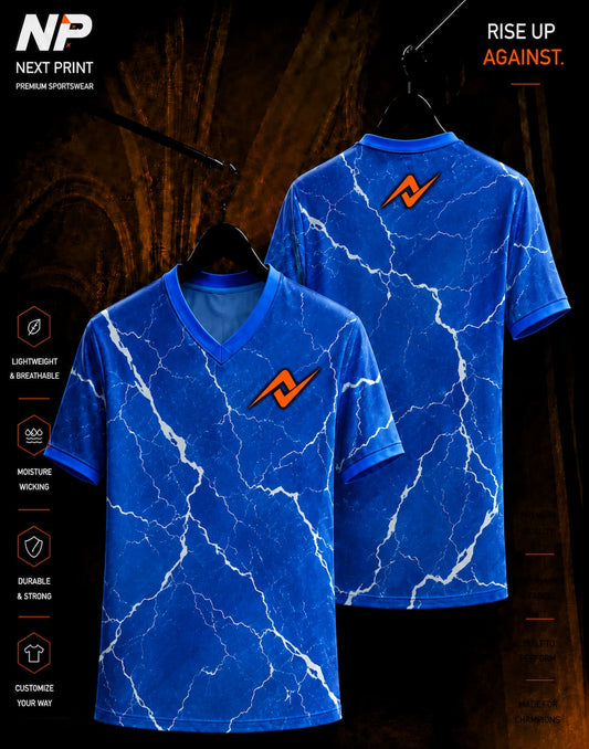 Blue marble crack sublimation V-neck sports jersey with white abstract pattern by Next Print