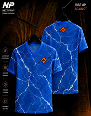 Blue marble crack sublimation V-neck sports jersey with white abstract pattern by Next Print