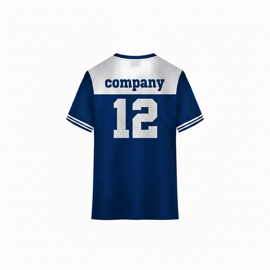 Blue and white custom sports jersey back view with pink blue and green stripe brush design for cricket football volleyball and esports team uniforms by NextPrint