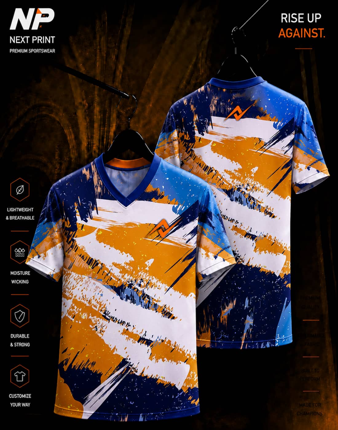 Blue orange and white abstract brush stroke V-neck sublimation sports jersey front and back by Next Print