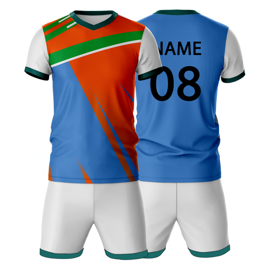 Blue orange pattern sports jersey with white shorts back view