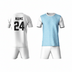 Blue pattern sports t-shirt with white shorts back view for men