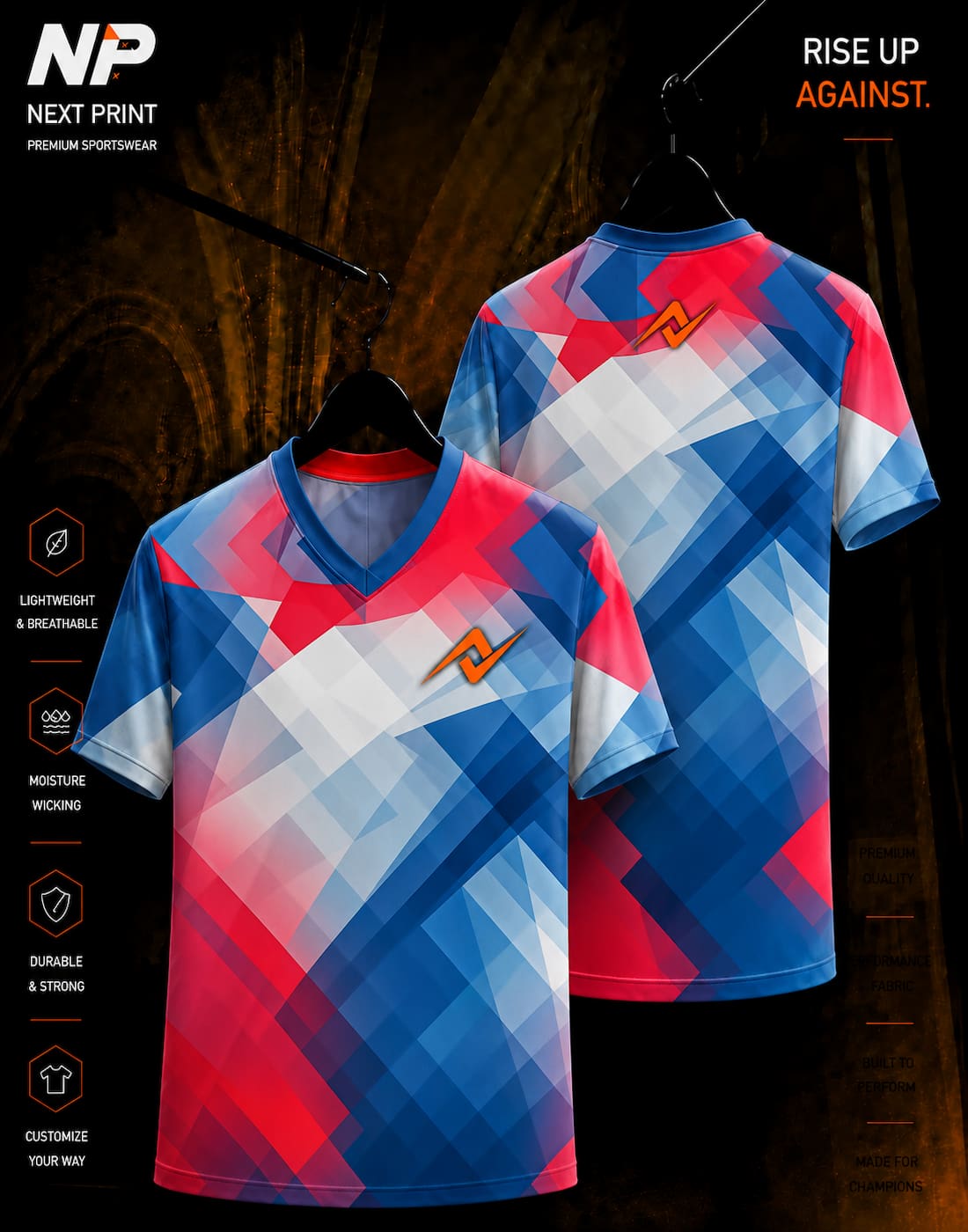 Blue red and white geometric sublimation V-neck sports jersey front and back by Next Print