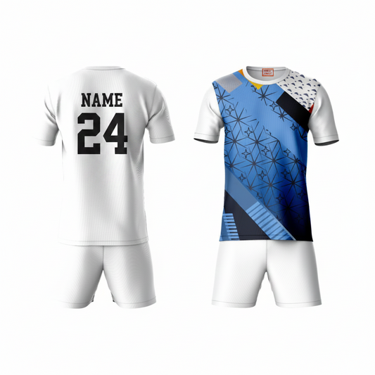 Blue activewear t-shirt with white shorts back view