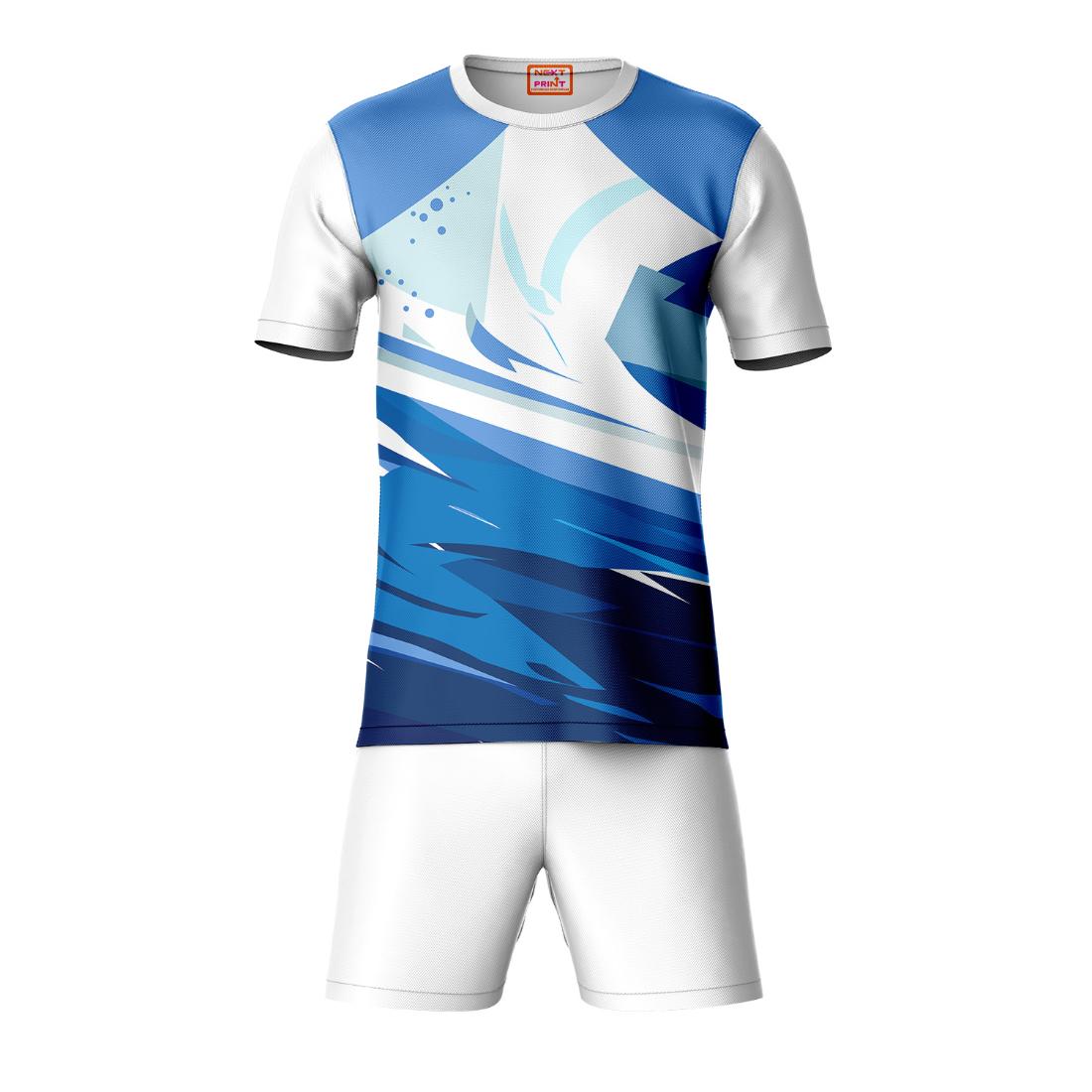 Blue round neck sports t-shirt with white shorts co-ord set front view