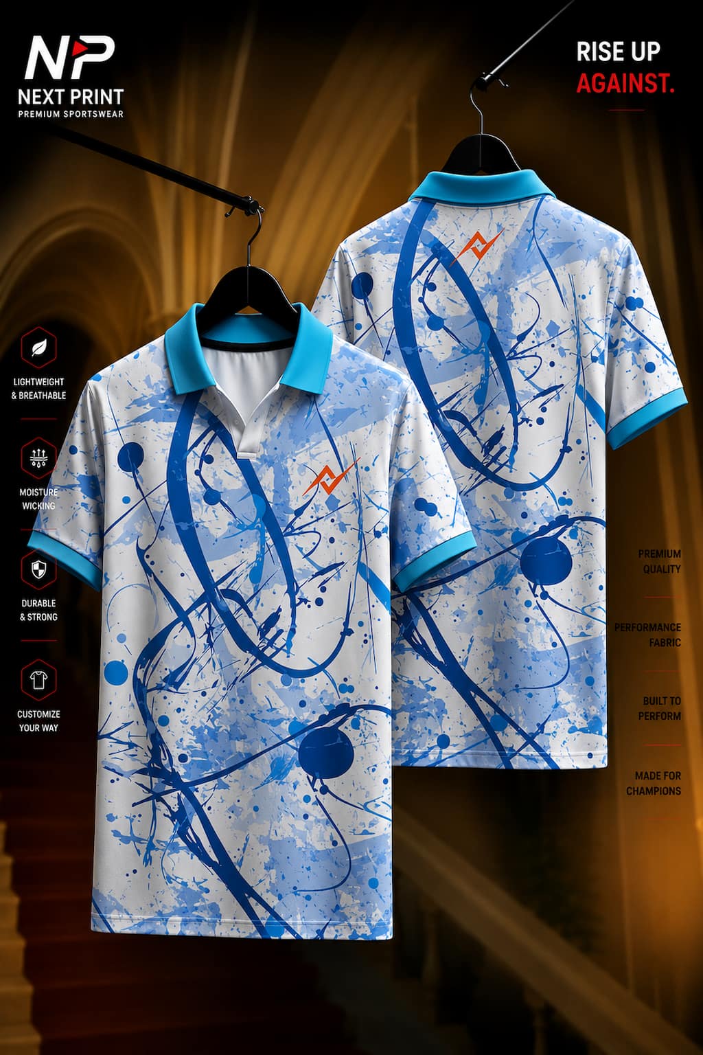 White polo sports jersey with blue abstract paint splash and brushstroke graphics shown in front and back views, made from premium dry-fit performance fabric.