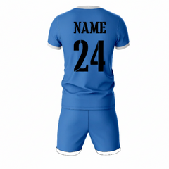 Blue athletic sports jersey with shorts back side view