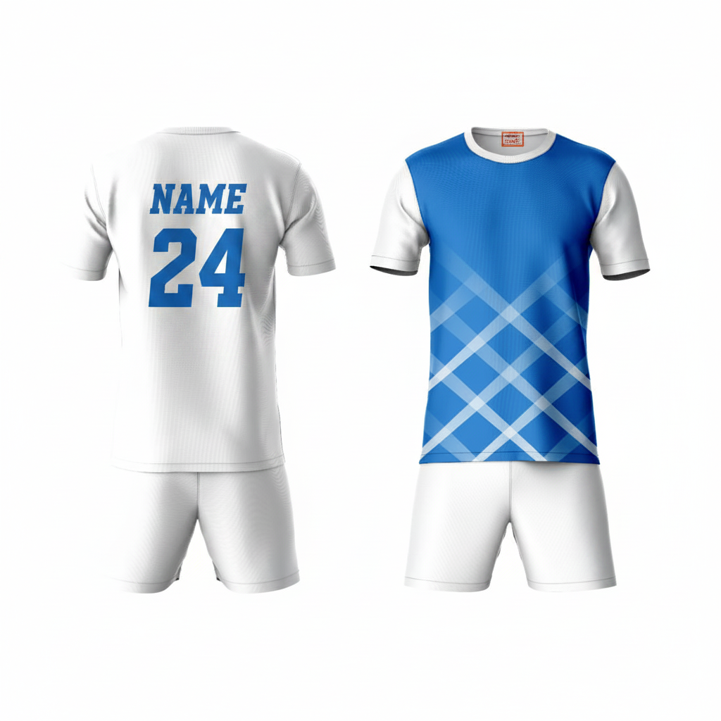 Blue athletic sports t-shirt with white shorts back side view