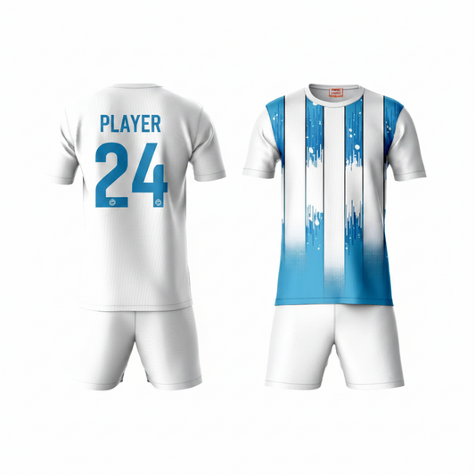 Blue vertical pattern sports t-shirt with white shorts back view for men