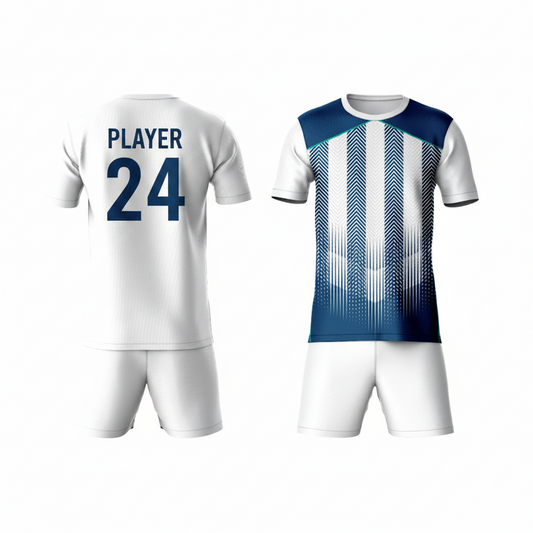 Blue vertical striped activewear t-shirt with white shorts back view