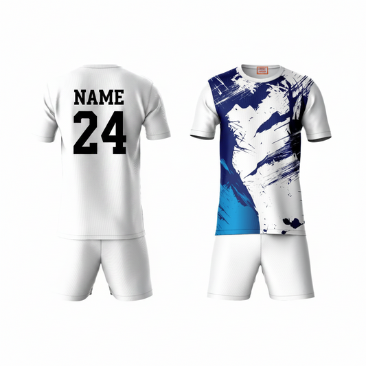 Blue white abstract sports t-shirt with white shorts back view for men