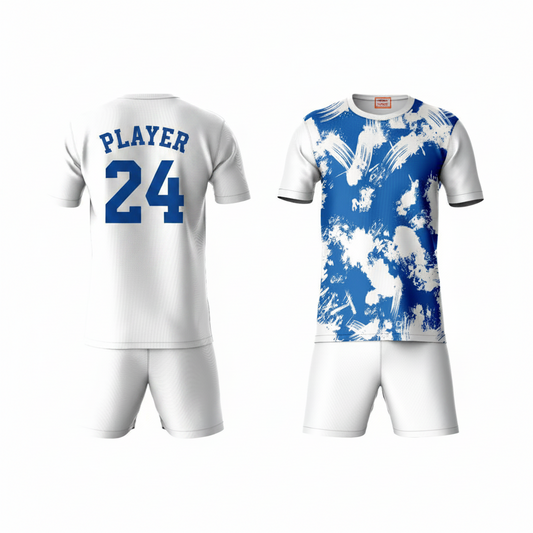 Blue white abstract activewear t-shirt with white shorts back view