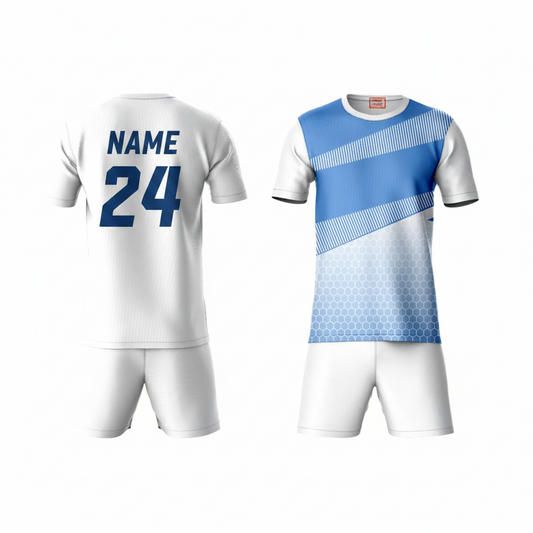 Blue white geometric pattern activewear t-shirt with white shorts back view