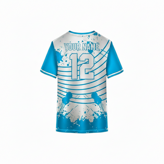 Blue and white custom sports jersey back view with splash paint and curved line pattern design for cricket football volleyball and esports team uniforms by NextPrint
