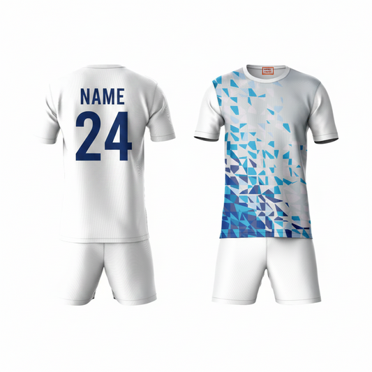Blue white activewear t-shirt with white shorts back view