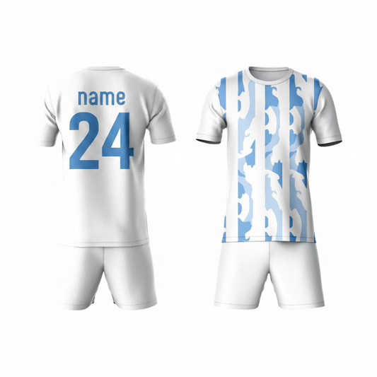 Blue white vertical stripe activewear t-shirt with white shorts back view