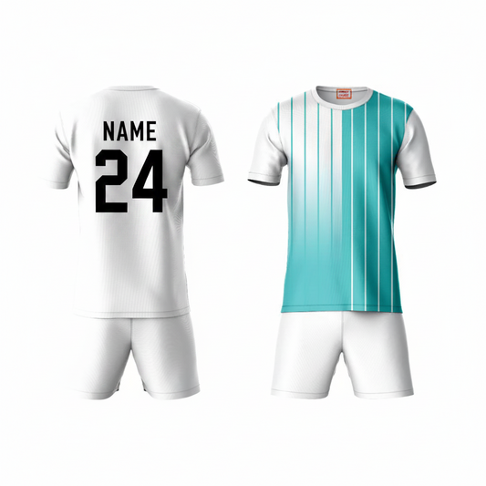 Blue white vertical stripe activewear t-shirt with white shorts back view