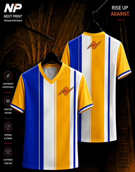Blue white and yellow vertical stripe V-neck sublimation sports jersey front and back by Next Print