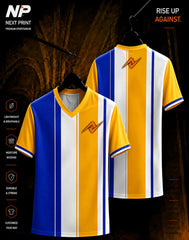 Blue white and yellow vertical stripe V-neck sublimation sports jersey front and back by Next Print