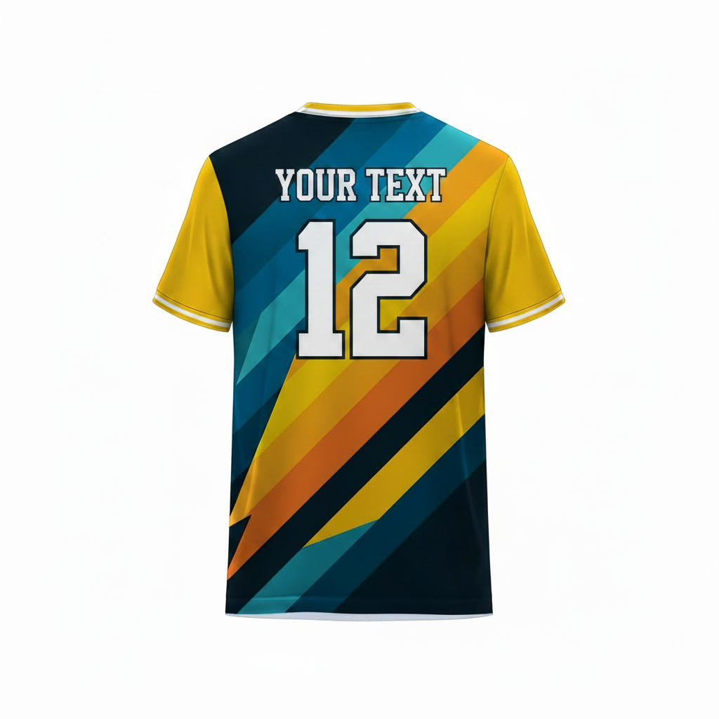 Blue and yellow sports t-shirt back design with bold diagonal stripe graphics for custom sublimation cricket and football team jersey printing by NextPrint India.