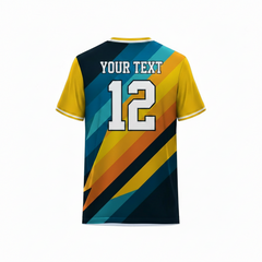 Blue and yellow sports t-shirt back design with bold diagonal stripe graphics for custom sublimation cricket and football team jersey printing by NextPrint India.