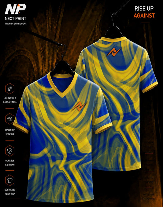 Blue and yellow abstract liquid wave sublimation V-neck sports jersey front and back by Next Print