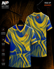 Blue and yellow abstract liquid wave sublimation V-neck sports jersey front and back by Next Print