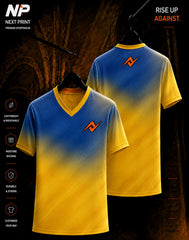 Blue and yellow gradient sublimation V-neck sports jersey front and back design by Next Print