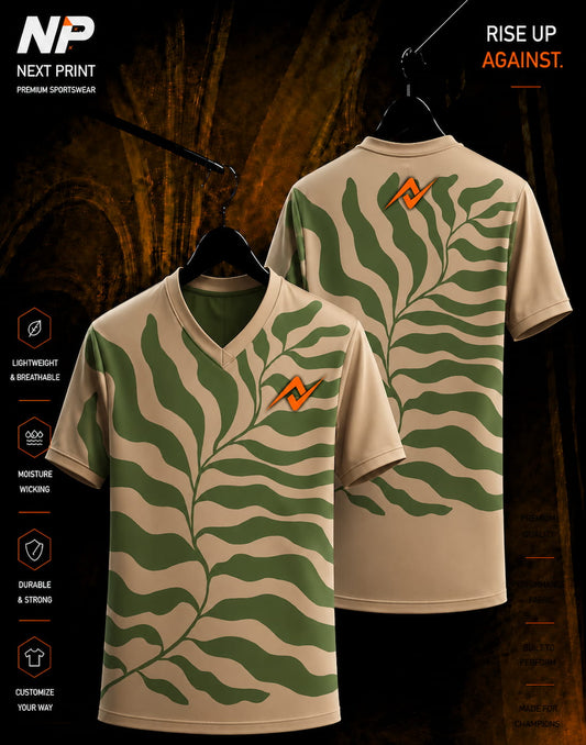 Botanical fern leaf green and beige V-neck sublimation sports jersey by Next Print, front and back view