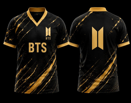 BTS Black and Gold Premium V-Neck Polo Jersey front and back view with luxury gold graphics and BTS logo