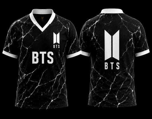 Front and back view of BTS Black Marble V-Neck Polo Jersey featuring a black marble crack pattern with premium BTS logo.