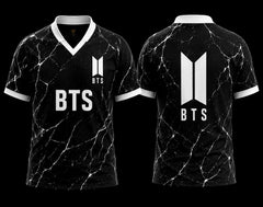 Front and back view of BTS Black Marble V-Neck Polo Jersey featuring a black marble crack pattern with premium BTS logo.