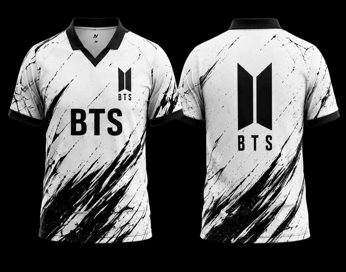 Front and back view of BTS black and white abstract V-neck polo jersey with BTS logo and modern brushstroke design.