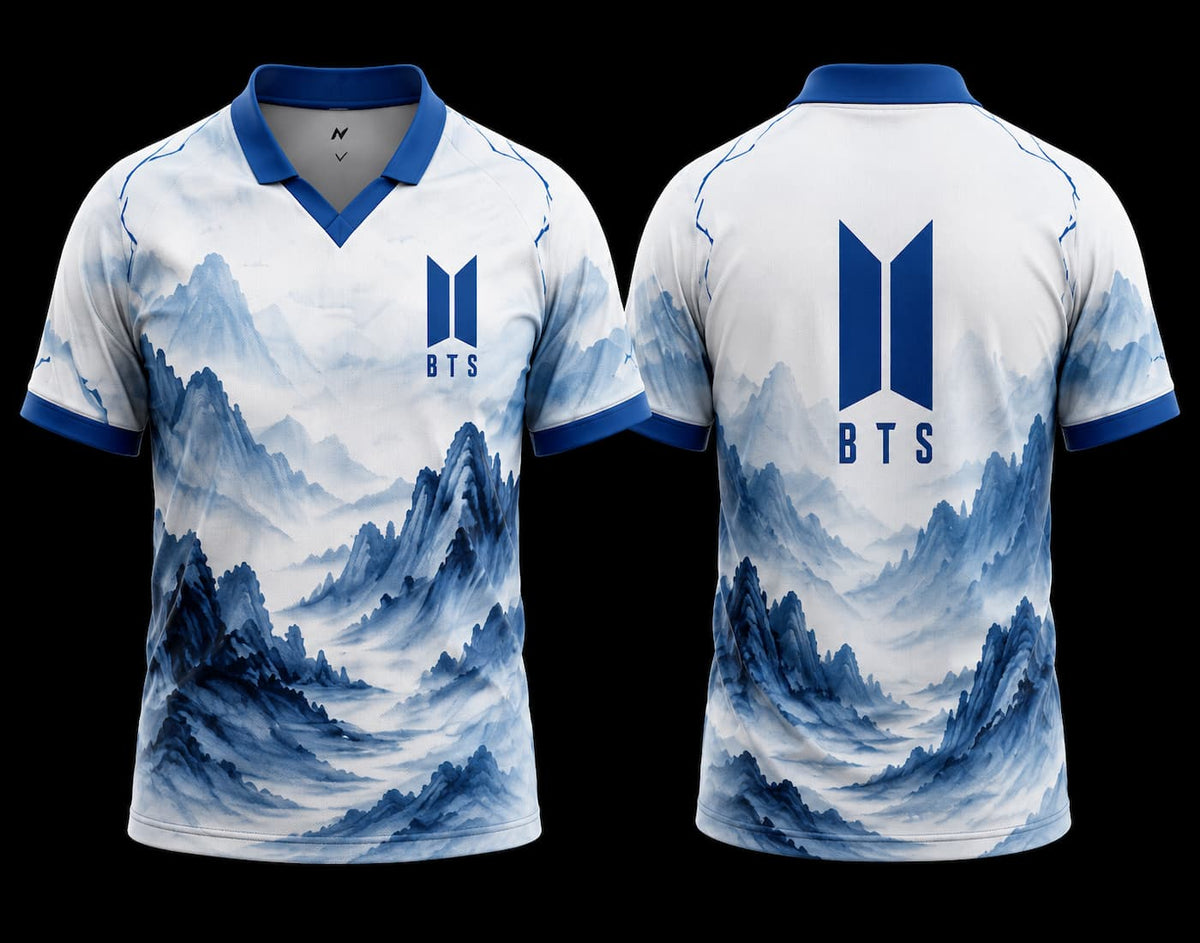 Front and back view of BTS Blue Mountain V-Neck Polo Jersey featuring a blue ink landscape design and premium BTS logo.