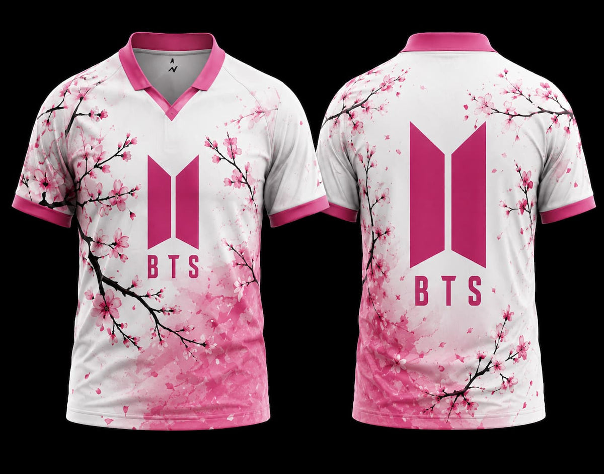 Front and back view of BTS Cherry Blossom Sakura Pink V-Neck Polo Jersey featuring floral artwork and a clean back with BTS logo only.